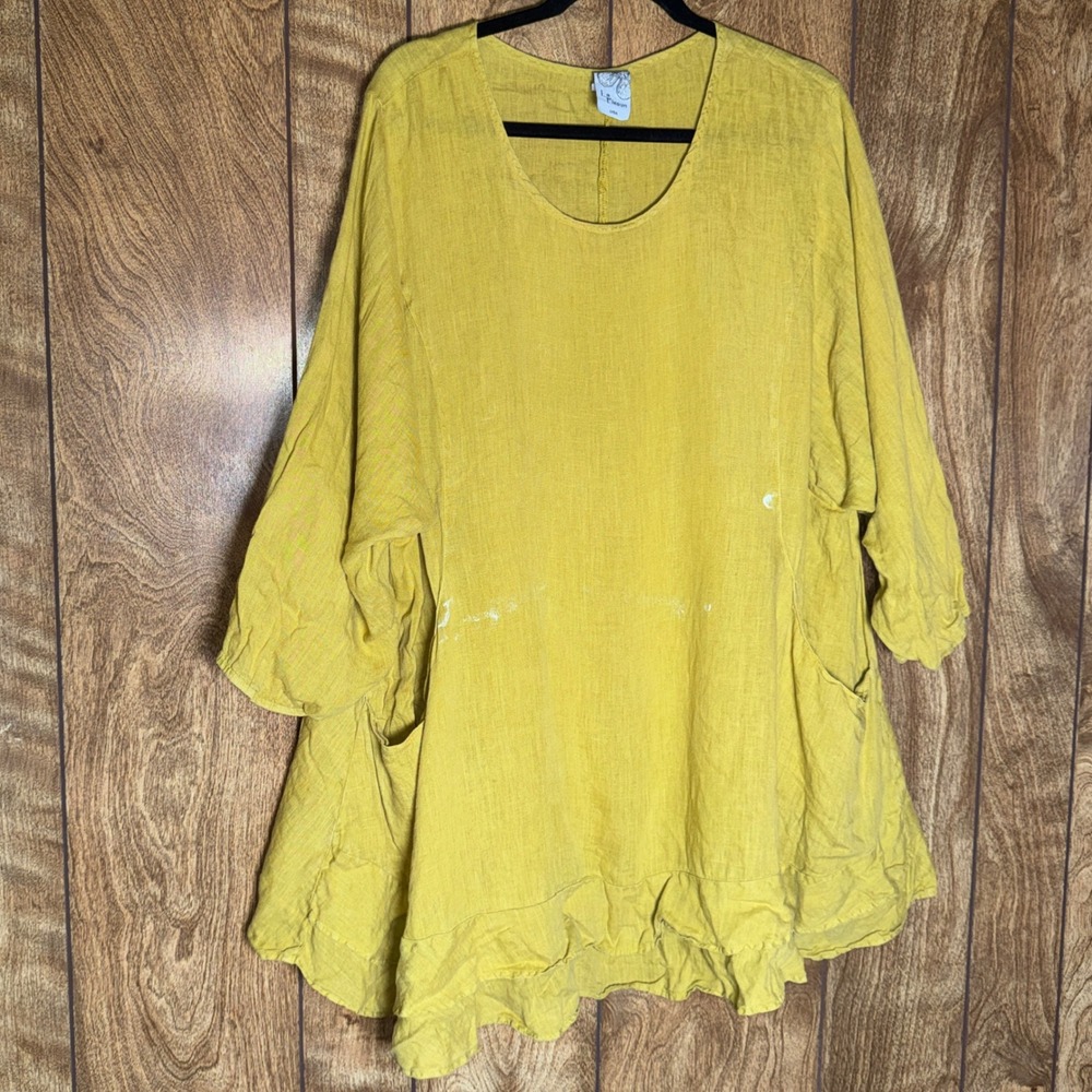 La Fixsun Women Chartreuse 100% Linen Ruffle Hem Tunic Top Large FBT805 USA